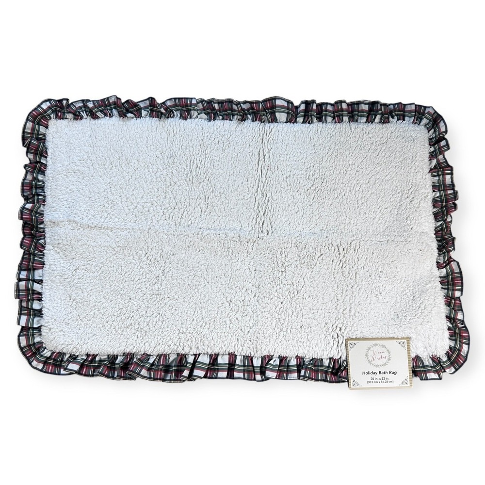 Warm‎ Wishes Holiday Bath Rug White Plaid Ruffle Trim 20x32 Cotton Christmas